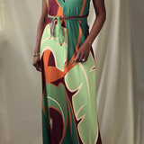 sage green printed open back halter maxi dress