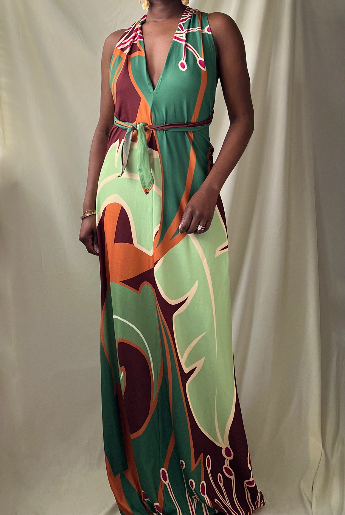 sage green printed open back halter maxi dress