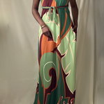 sage green printed open back halter maxi dress