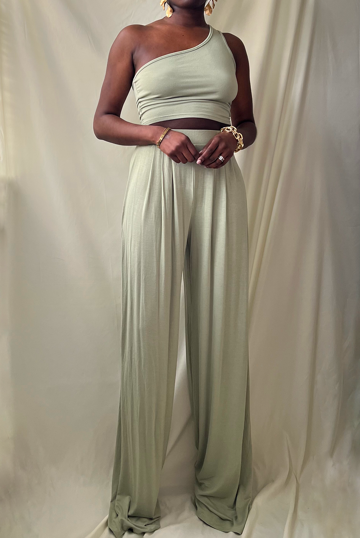 sage green one shoulder crop top wide leg pant set
