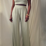 sage green one shoulder crop top wide leg pant set