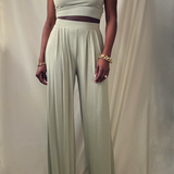 sage green one shoulder crop top wide leg pant set