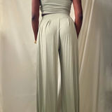 sage green one shoulder crop top wide leg pant set