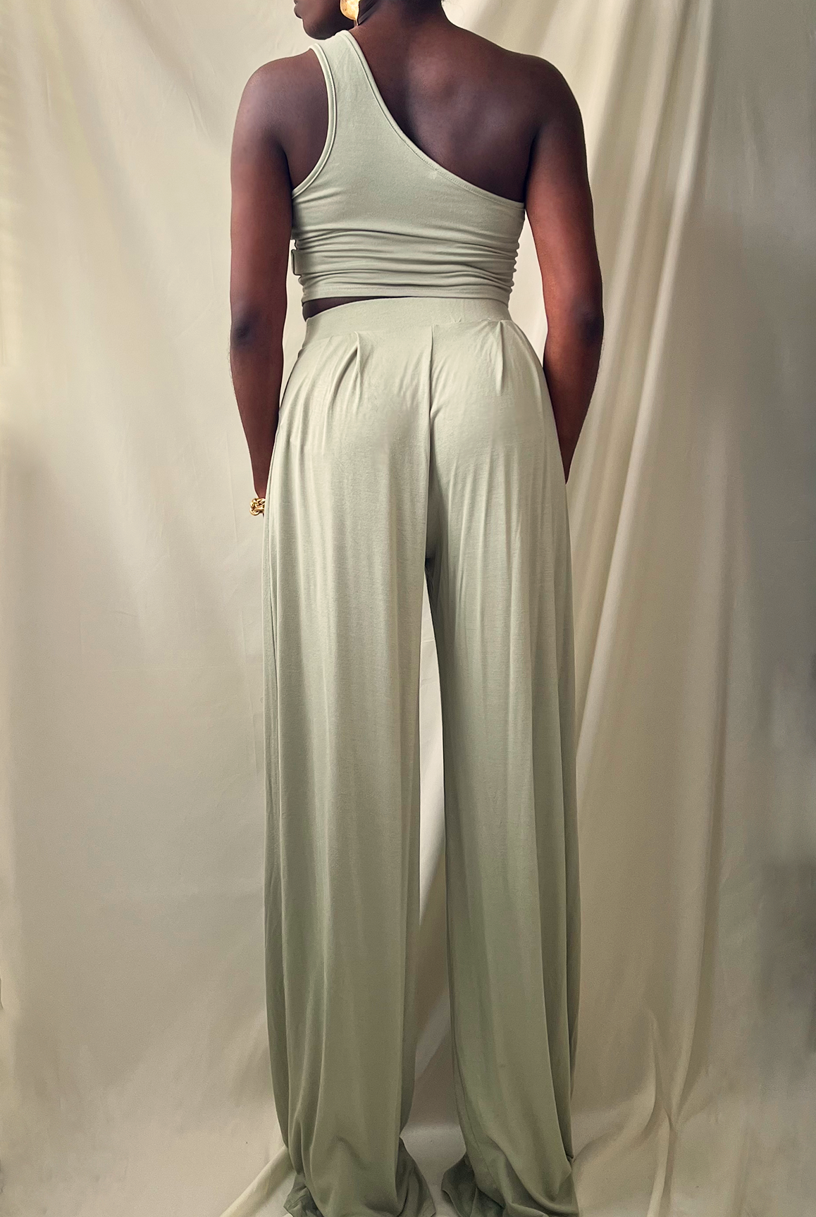 sage green one shoulder crop top wide leg pant set