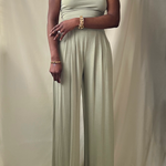 sage green one shoulder crop top wide leg pant set