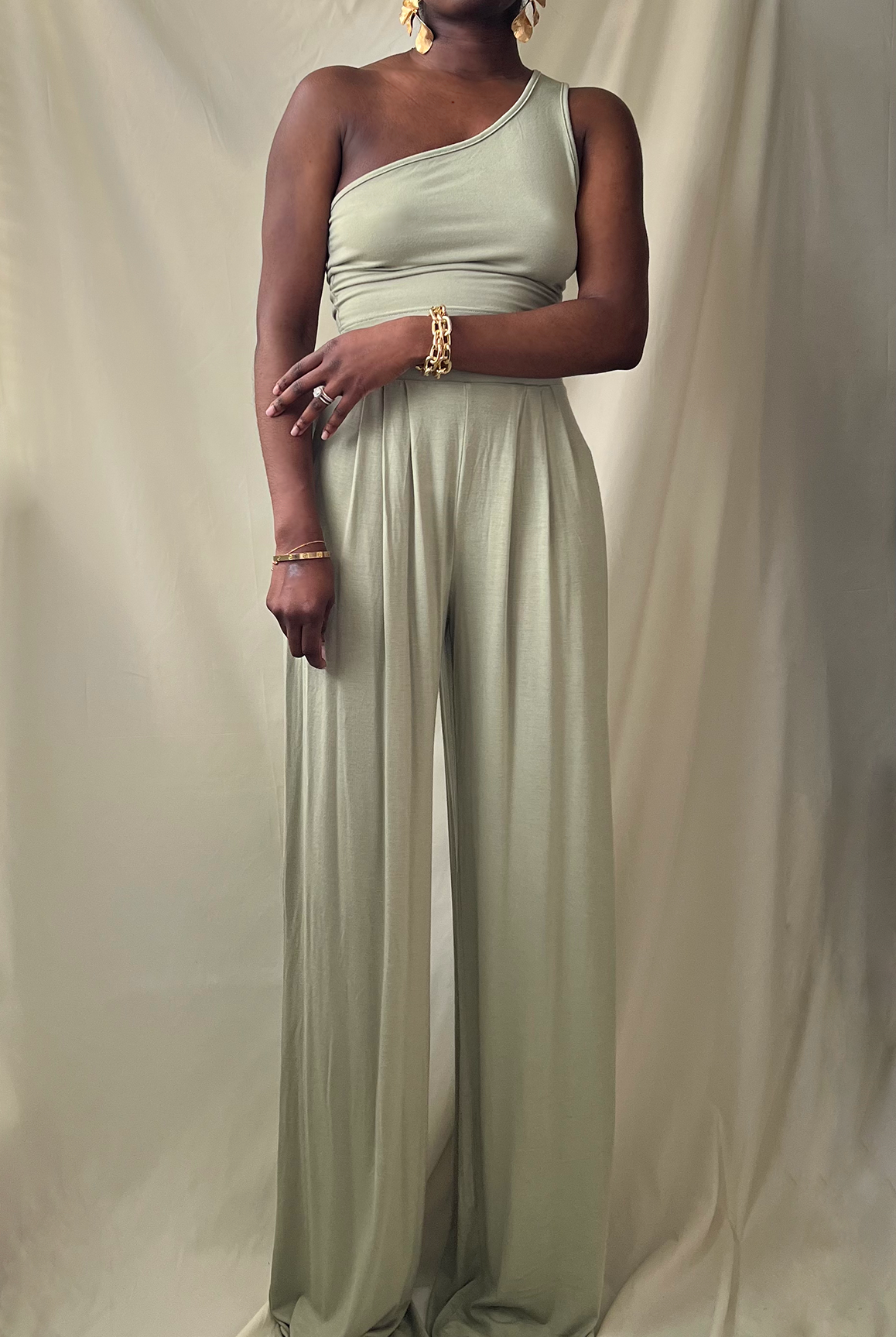 sage green one shoulder crop top wide leg pant set