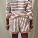 tan and white open knit long sleeve cardigan short set