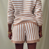 tan and white open knit long sleeve cardigan short set