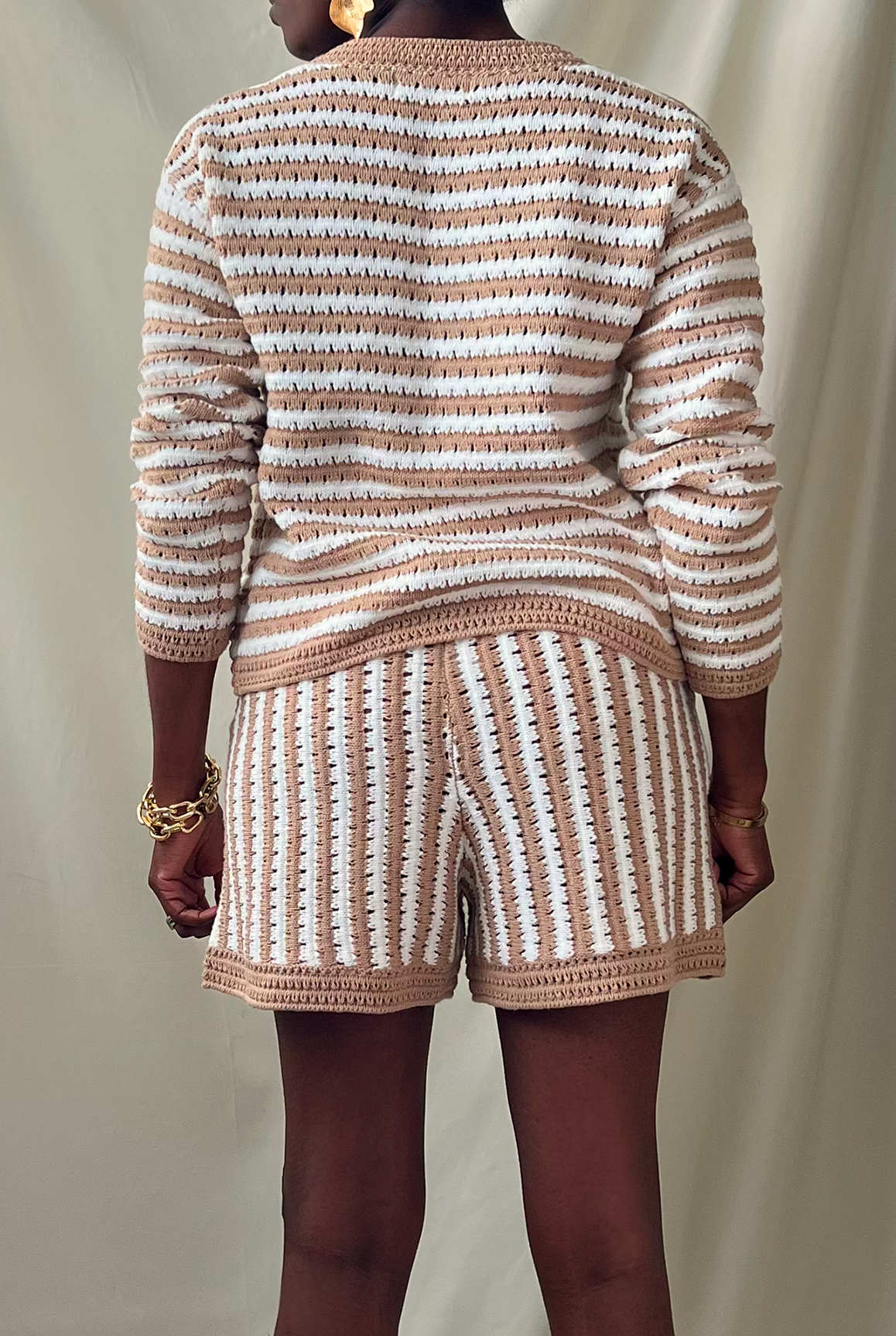 tan and white open knit long sleeve cardigan short set