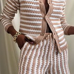 tan and white open knit long sleeve cardigan short set