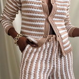 tan and white open knit long sleeve cardigan short set