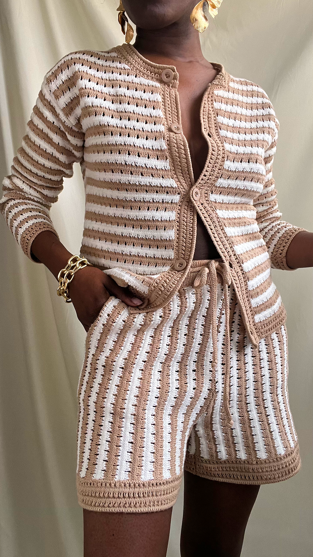 tan and white open knit long sleeve cardigan short set