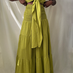 green tie front ruffle crop top with smocked tiered high waist wide leg pant set