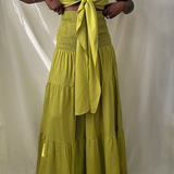 green tie front ruffle crop top with smocked tiered high waist wide leg pant set