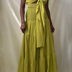 green tie front ruffle crop top with smocked tiered high waist wide leg pant set