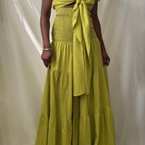 green tie front ruffle crop top with smocked tiered high waist wide leg pant set