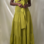 green tie front ruffle crop top with smocked tiered high waist wide leg pant set