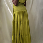 green tie front ruffle crop top with smocked tiered high waist wide leg pant set