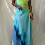 blue multi tie dye v-neck criss cross open back maxi dress