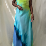 blue multi tie dye v-neck criss cross open back maxi dress