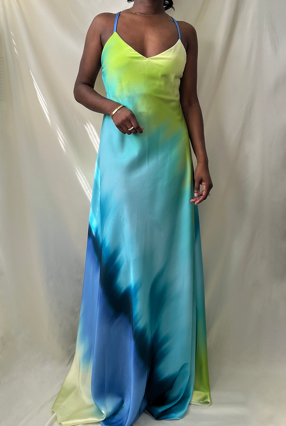 blue multi tie dye v-neck criss cross open back maxi dress