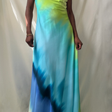 blue multi tie dye v-neck criss cross open back maxi dress
