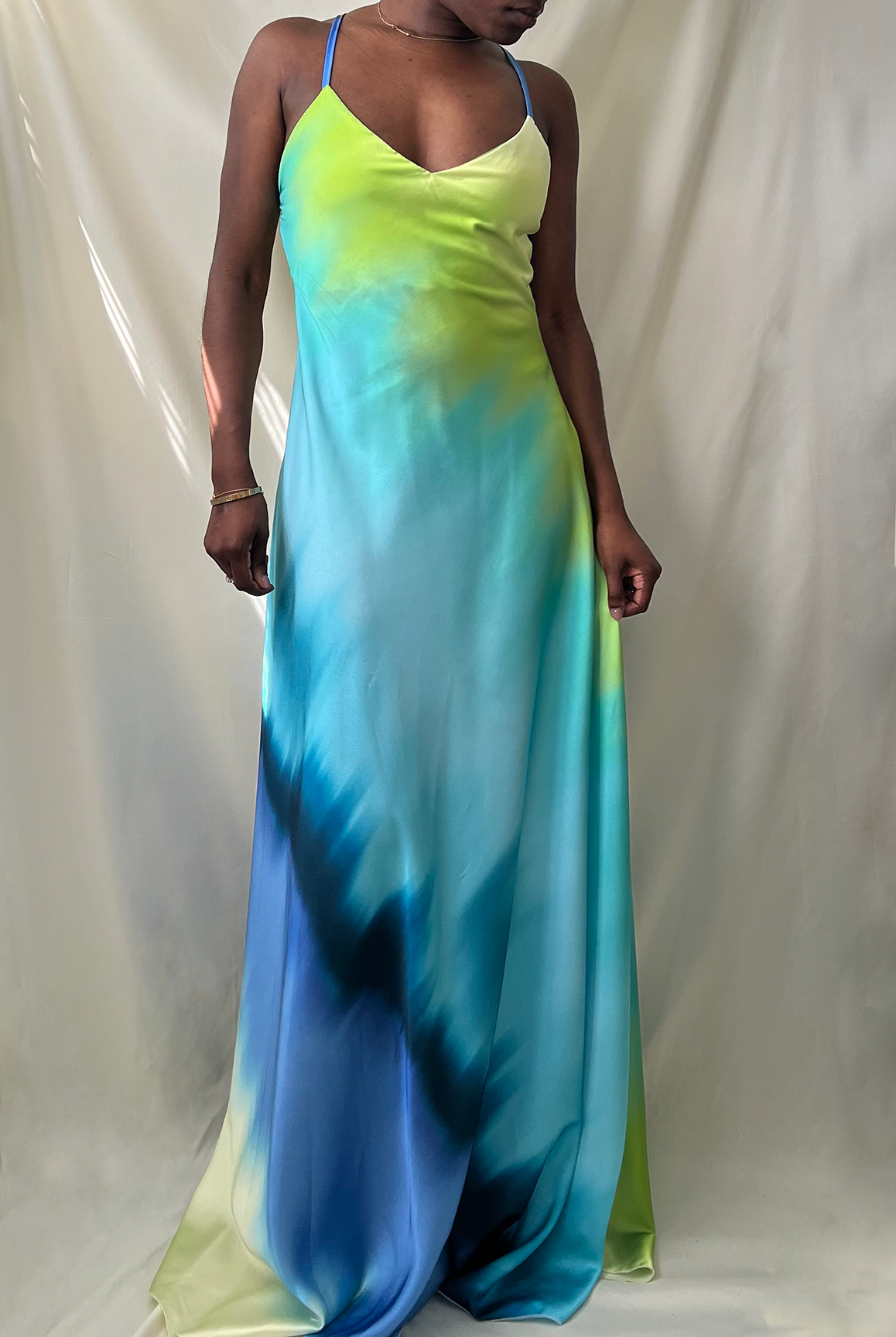 blue multi tie dye v-neck criss cross open back maxi dress