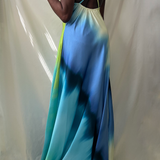 blue multi tie dye v-neck criss cross open back maxi dress