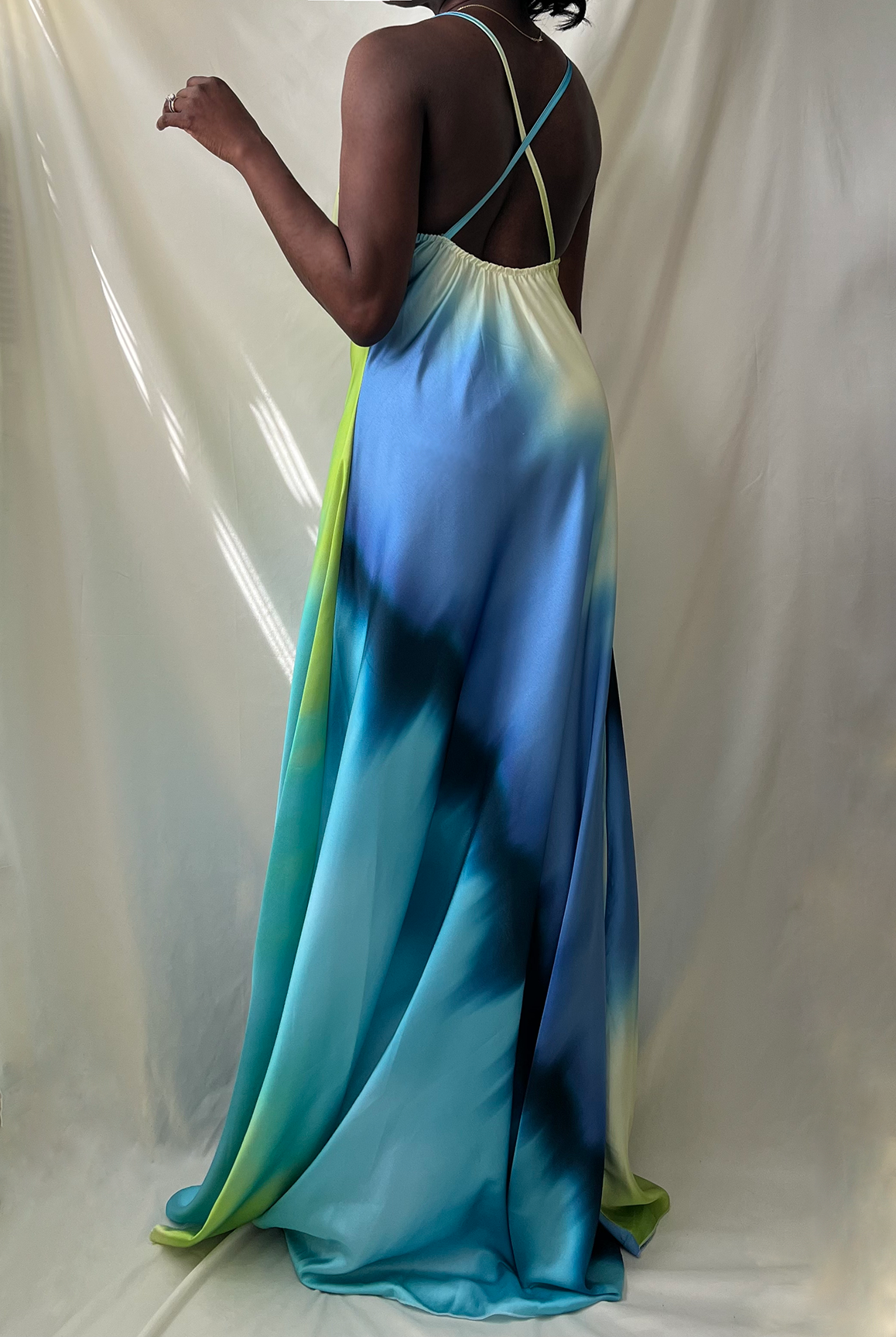 blue multi tie dye v-neck criss cross open back maxi dress