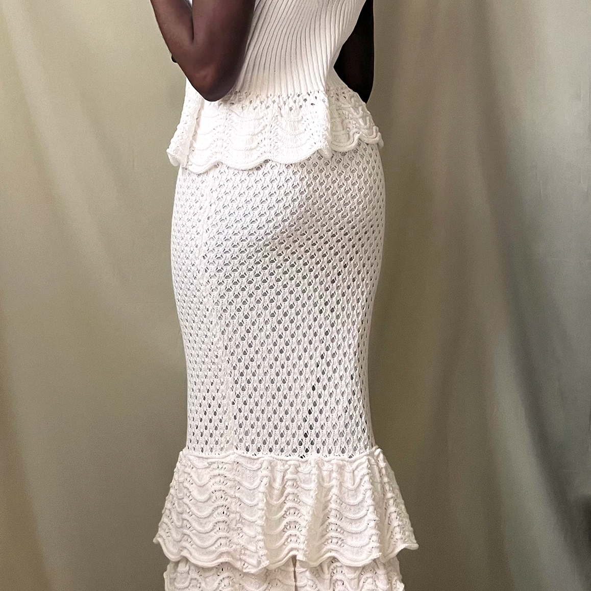 white crochet knit v-neck scallop hem sleeveless top with matching tiered crochet ruffle midi skirt set