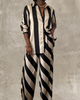 black and tan striped satin wide leg pant set with matching oversized button up shirt