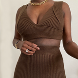 chocolate brown cable knit cardigan bralette and maxi skirt set