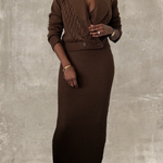 chocolate brown cable knit cardigan bralette and maxi skirt set