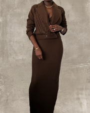 chocolate brown cable knit cardigan bralette and maxi skirt set