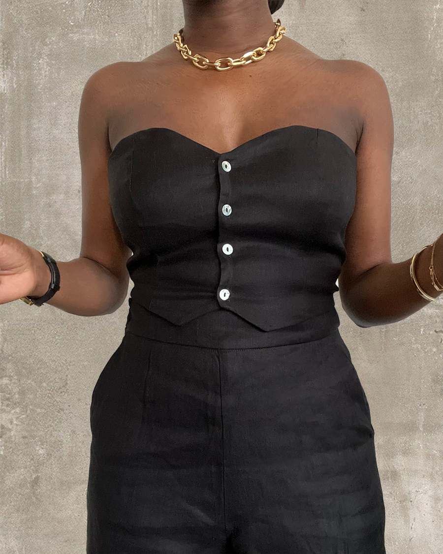 black strapless button up cropped vest with matching high waist pant set