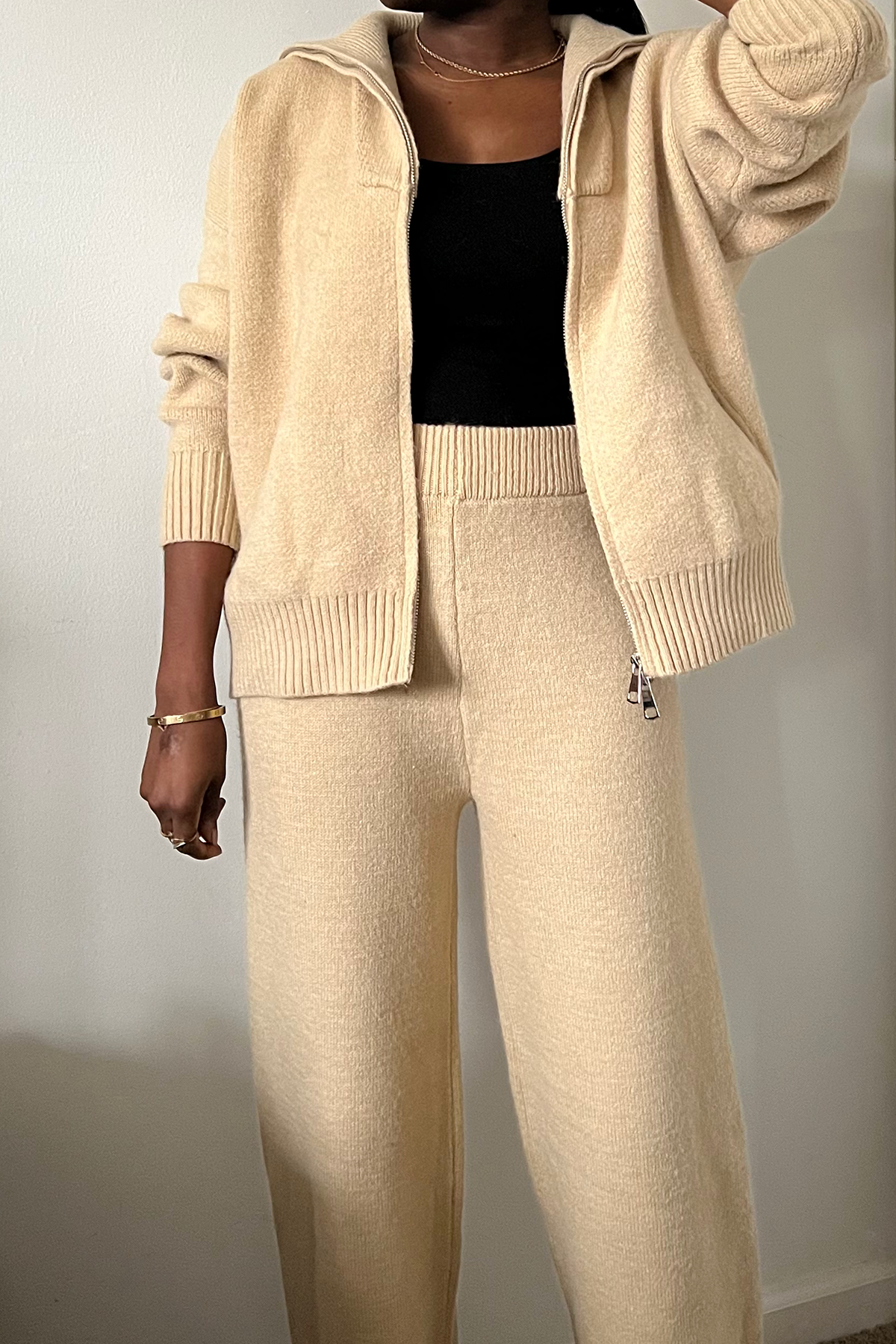 sand tan knitwear zip up top and pant set