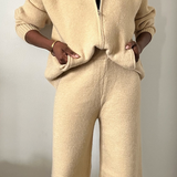 sand tan knitwear zip up top and pant set