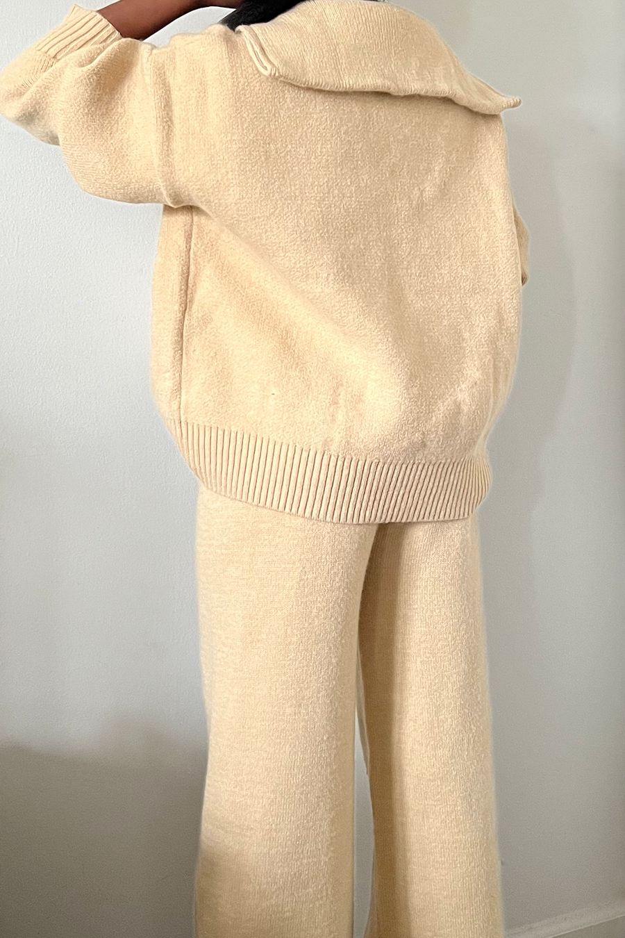 sand tan knitwear zip up top and pant set