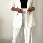 black white striped double breasted pant suit