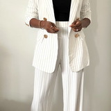 black white striped double breasted pant suit