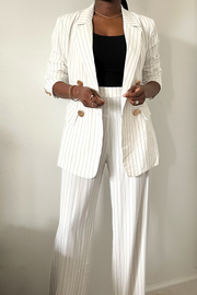black white striped double breasted pant suit