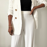 black white striped double breasted pant suit