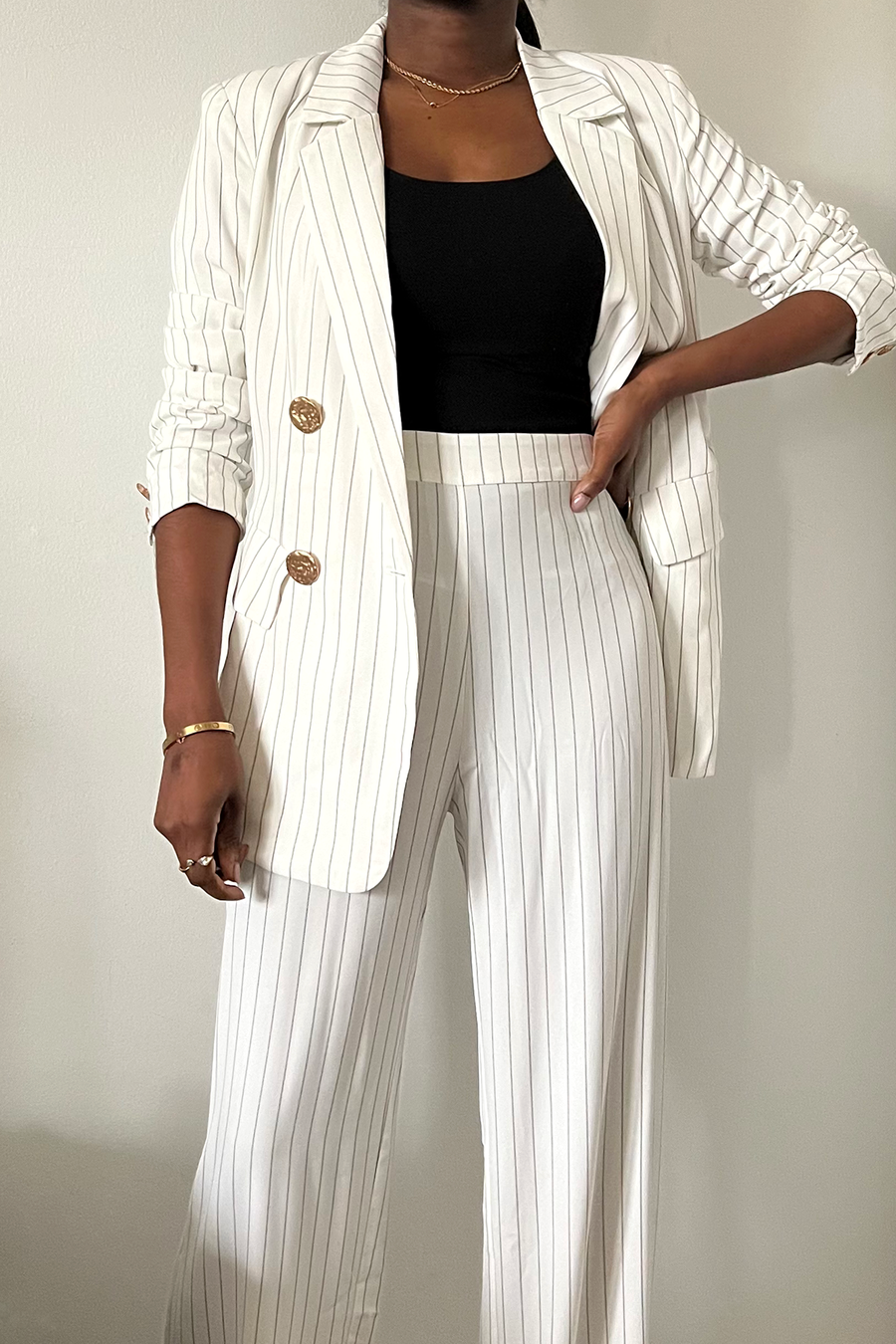 black white striped double breasted pant suit