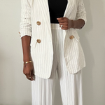 black white striped double breasted pant suit