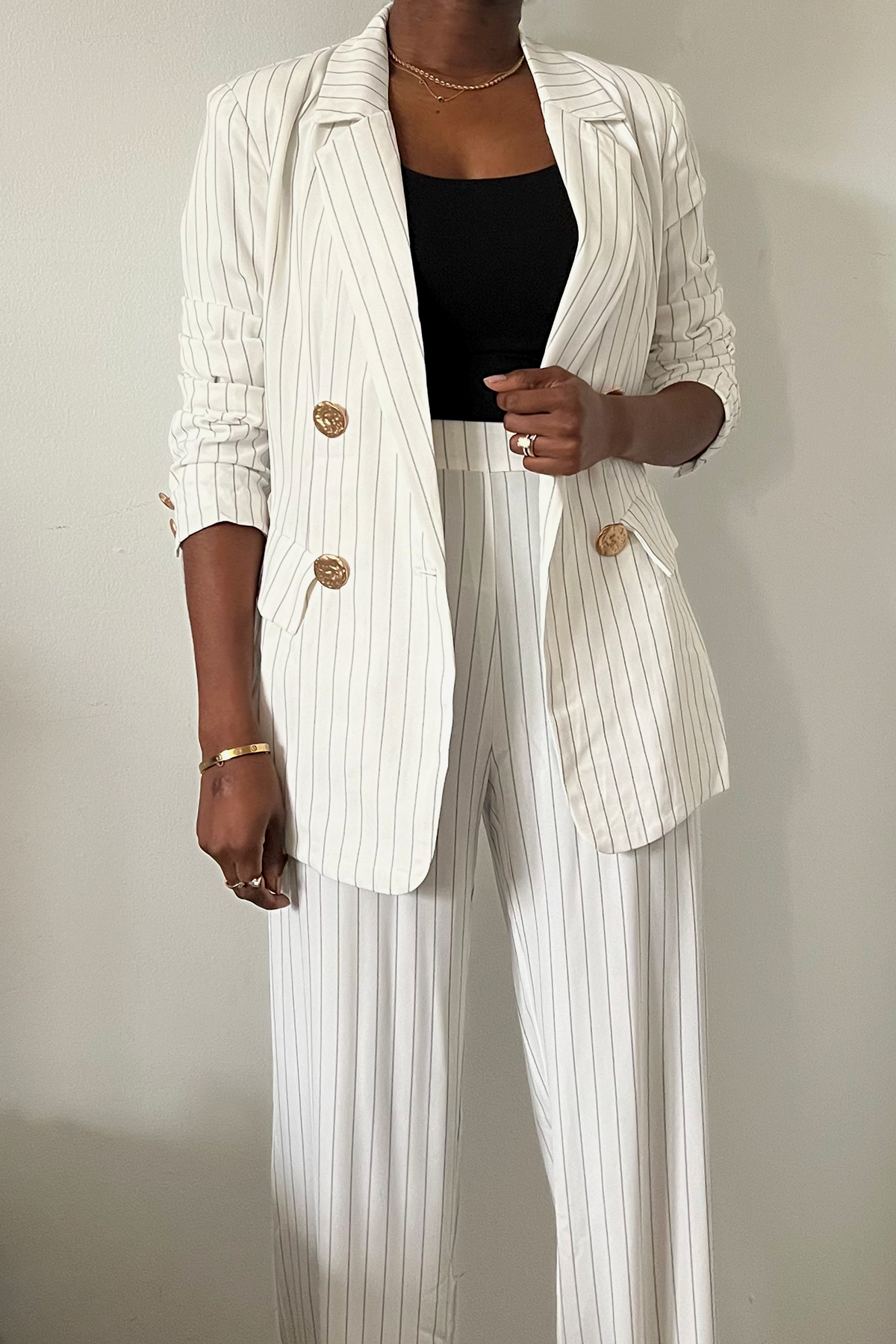 black white striped double breasted pant suit