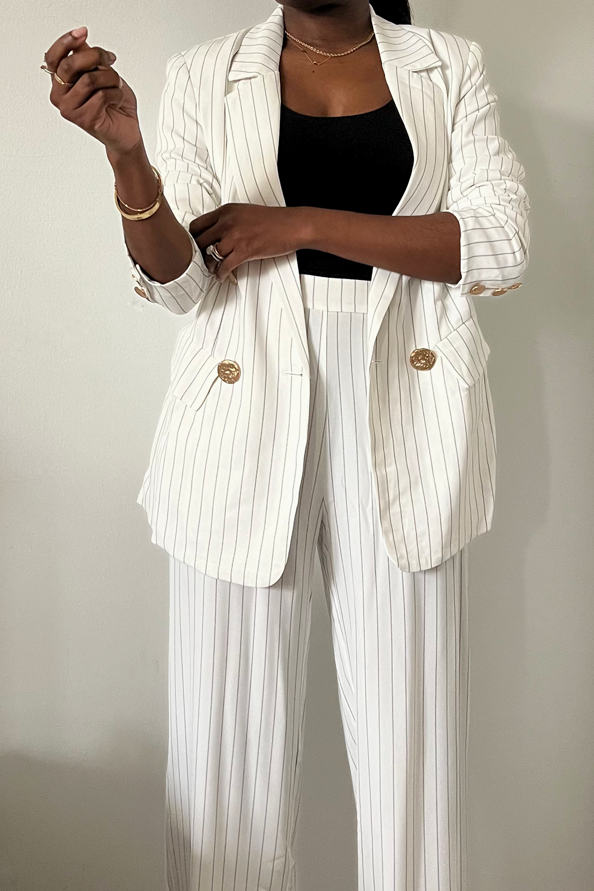 black white striped double breasted pant suit