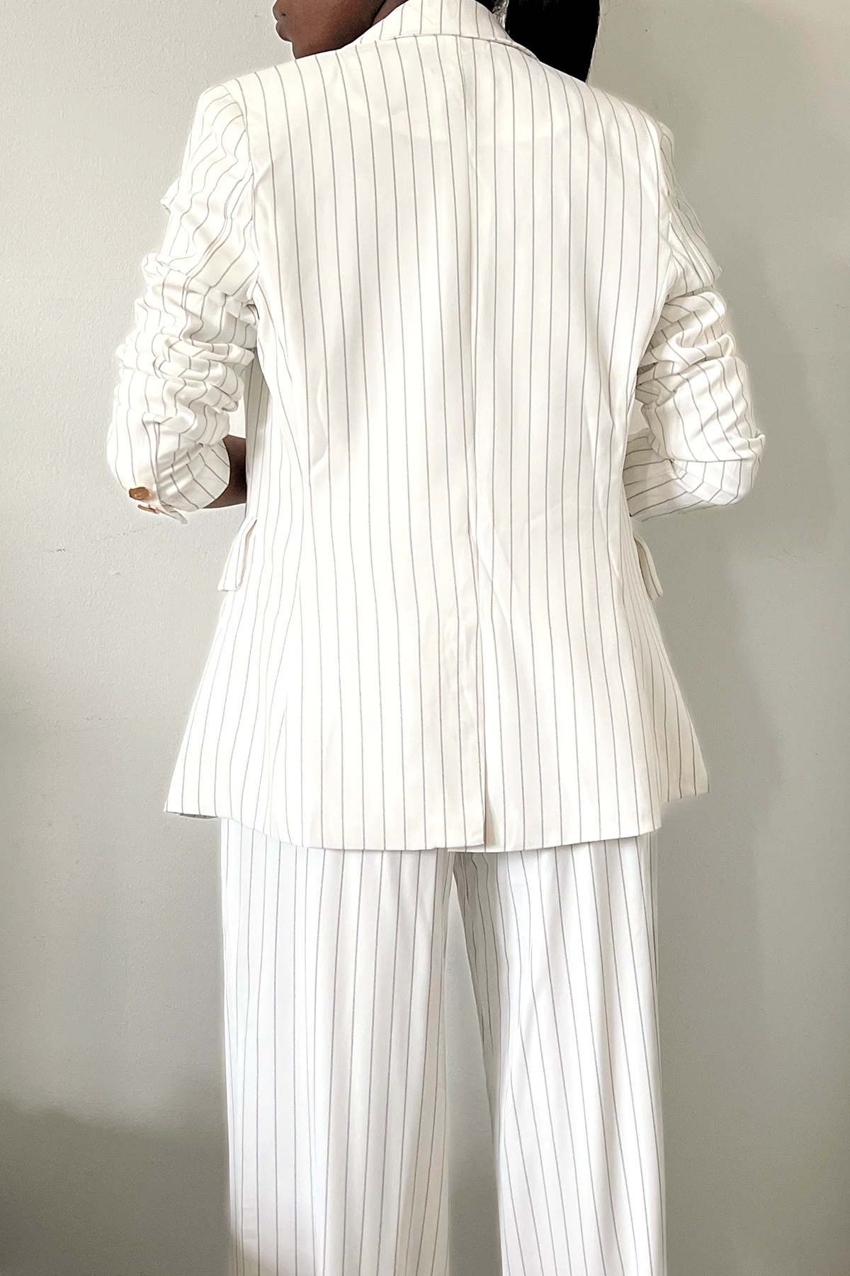 black white striped double breasted pant suit