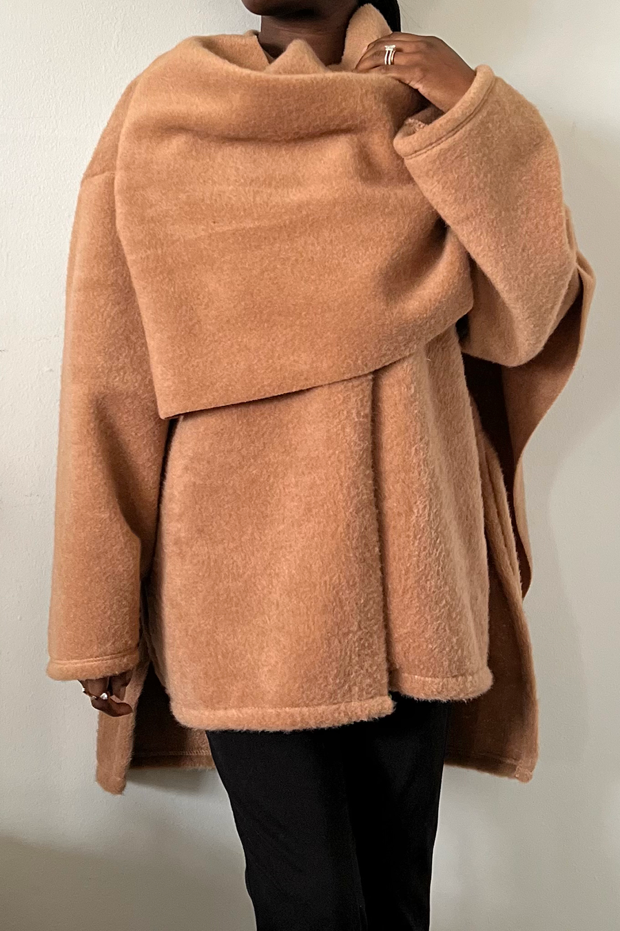 camel knit asymmetrical scarf wrap short jacket