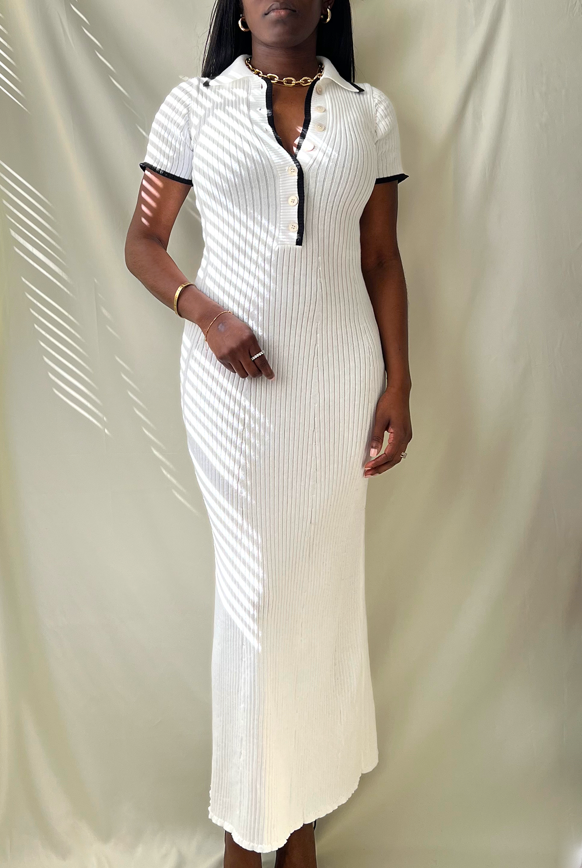 white and black ribbed button polo short sleeve midi dress