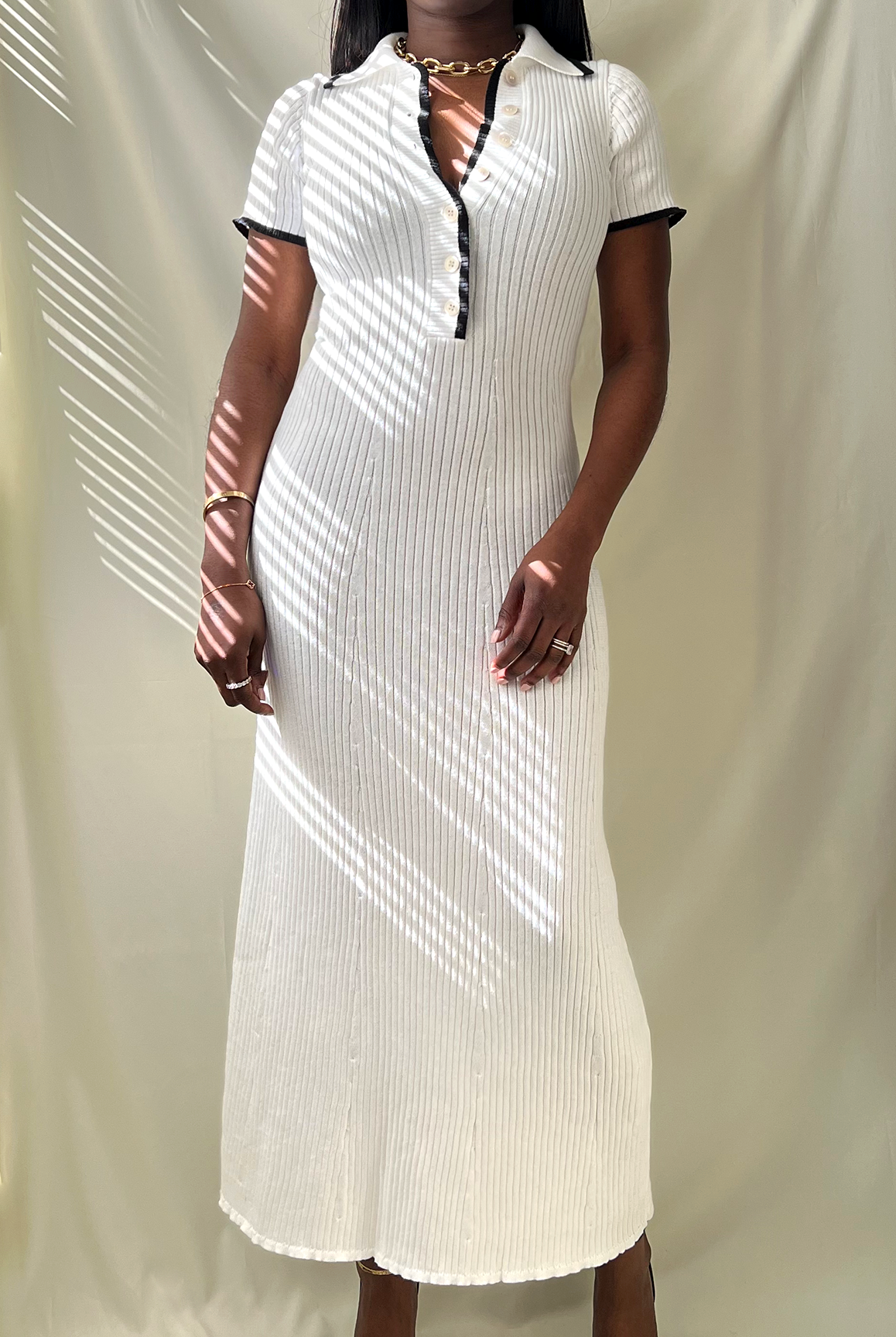 white and black ribbed button polo short sleeve midi dress